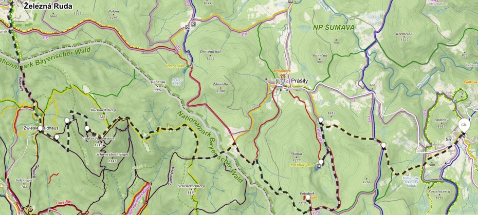 Mapa Šumavy - Železná Ruda - Zwieslerwaldhaus - Poledník - Srní